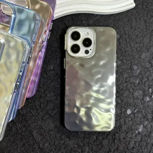 Detail of premium iPhone case with silver ripple texture and metallic camera protection