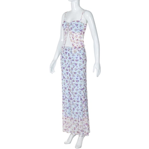 Detailed view of floral double-layer mesh camisole top and slim midi skirt set