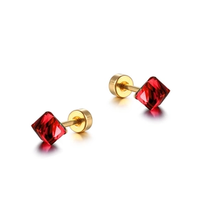 Minimalist square red gemstone stud earrings with gold finish and faceted ruby-like stones