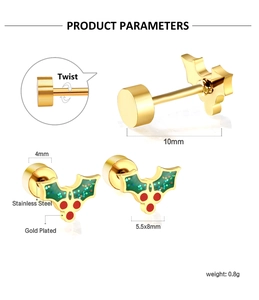 Detailed view of gold plated stainless steel holly leaf studs with size parameters