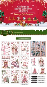 Pink Christmas window stickers set featuring double-sided Santa, reindeer and snowman decals