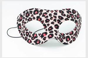 Detailed close-up of pink and black leopard print plush mask with soft flocked texture