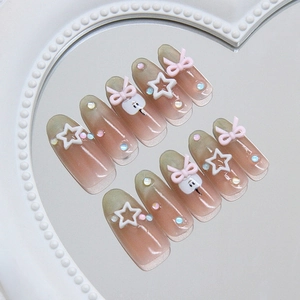 Handmade Press On Nails Cat Eye Gradient ABS Plastic With 3D Bow Star Rhinestone Artificial Pearl Sweet Stylish Nail Tips