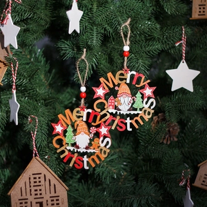 Christmas Wooden Hanging Ornaments Round Hollow Gnome Santa Merry Christmas Festive Tree Decorative Pendants
