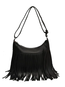 Large capacity black leather bucket bag with fringe tassels and shoulder strap