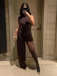 Sexy dark brown asymmetric mini dress with ruched detail and long side drape panel