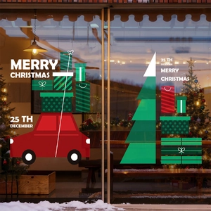 Christmas static cling stickers set with red car and trees for shop window display