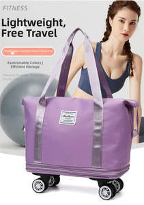 Waterproof purple travel bag with wheels and fashion label held by a female model