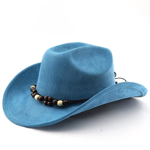 Detail of blue suede cowboy hat featuring an ethnic style wooden bead decorative band