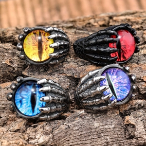 Gothic punk stainless steel rings with colorful devil eyes held by metal eagle claws