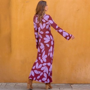 Robe longue élégante à manches longues avec imprimé floral bordeaux et violet pour femme