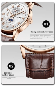 Detail of rose gold case with brown leather strap and moon phase multifunction dial