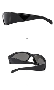 Side and back view of Y2K sports sunglasses with broad temples and geometric design