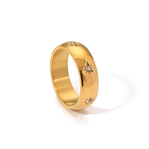 Polished gold titanium steel ring with sparkling North Star diamond inlay patterns