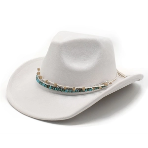 Detailed view of white felt cowboy hat featuring intricate turquoise beaded band details