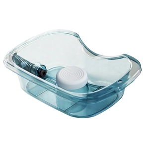 Blue transparent portable hair washing basin for elderly with gray drainage hose