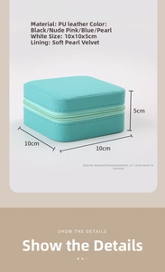 Detailed view of Tiffany blue PU leather jewelry box showing 10x10x5cm dimensions