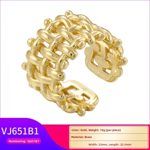 Detailed view of wide gold woven texture brass ring with material and size parameters