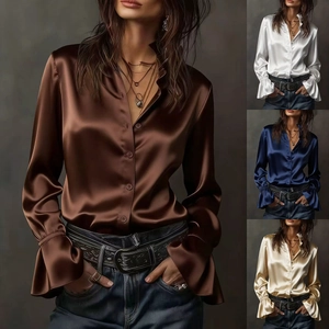 Women Elegant Satin Shirt Long Sleeve Bell Sleeve Single Breasted Blouse Office Work Solid Color Silk Texture Tops