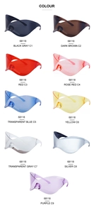 Detailed color options of Y2K rimless wraparound sunglasses in nine vibrant lens shades