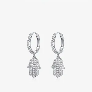 Boucles D'oreilles Créoles Main De Hamsa En Argent Sterling 925 Zircon Pavé Paume De Fatima Bijoux Pour Femmes