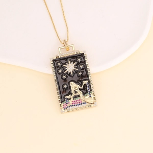 Retro 18K gold plated copper necklace with black enamel square pendant and colorful stones