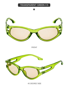 Detailed front and side views of transparent green cat-eye sunglasses with oval frames