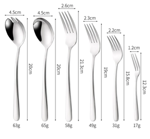 Polished 304 stainless steel cutlery set with precise size and weight details