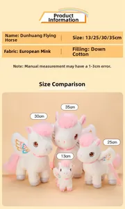 Detailed size comparison of white plush unicorns with pink manes and colorful wings
