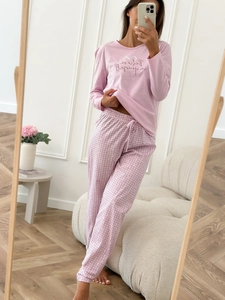 Pink heart print long sleeve top with plaid pants soft loungewear pajama set for women