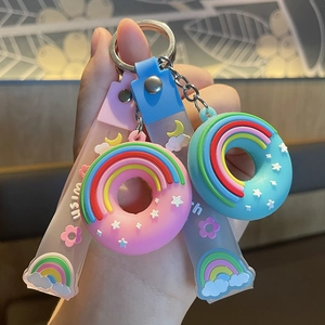 Porte-clés donut mignon en silicone avec arc-en-ciel et dragonne Wish rose et bleu