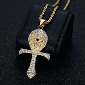 Gold plated Ankh pendant necklace with Horus eye and crystal stones on a rope chain