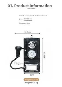 Detailed dimensions of retro resin wall telephone model in black vintage style
