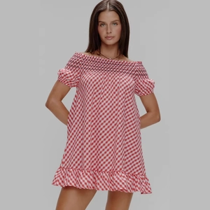 Robe Mini Femme Épaule Dénudée Vichy Carrelée Froncée Ourlet À Volants Manches Courtes Polyester Été Vacances