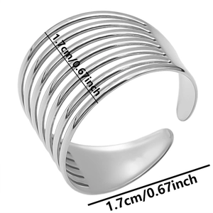 Macro shot of minimalist multilayer hollow stainless steel ring with 1.7cm width dimensions
