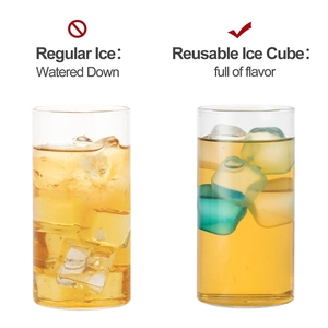 Visual comparison showing reusable plastic ice cubes keeping drinks cold without dilution