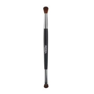 Close-up of double-ended makeup brush with soft brown bristles and sleek black handle