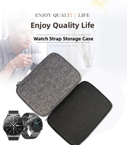 Close-up of gray woven watch strap organizer bags with zipper and smartwatches