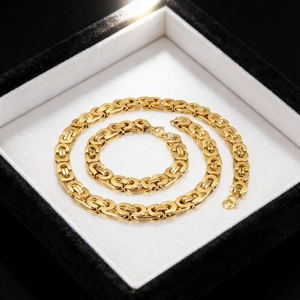 Collier Bracelet Chaîne Byzantine Homme Acier Inoxydable Bijoux Hip Hop Grosse Chaîne Roi Carré Or Acier Ton