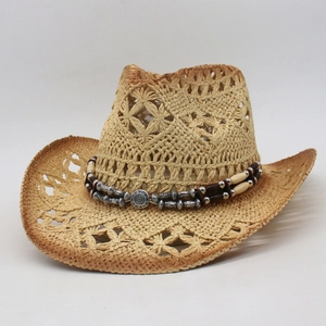 Hohler Stroh-Cowboyhut für Damen und Herren mit Ethno-Perlenband und Sonnenemblem