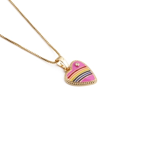 Golden heart necklace with pink rainbow enamel pendant and crystal on white background