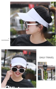 Outdoor view of a white breathable sun visor hat worn by a model for daily travel