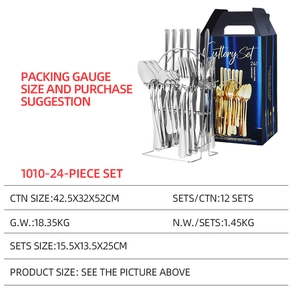 24-piece stainless steel cutlery set with storage rack and detailed size specifications