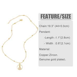 Infographic showing gold plated copper cross necklace dimensions and zircon inlay details