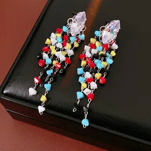 Colorful beaded tassel earrings with rhombus zircon and long bohemian dangle chains