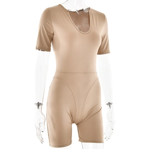 Detail view of khaki short sleeve bodysuit with scoop neck on a transparent mannequin