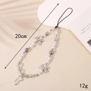 Bijou de téléphone fait main avec perles, nœud argenté et pendentif cœur, 20 cm