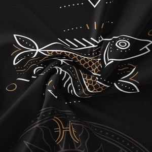 Detail of Pisces zodiac tapestry with intricate white and bronze fish totem patterns