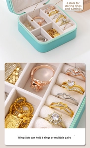 Detail view of Tiffany blue jewelry box with 6 ring slots and soft flocking lining