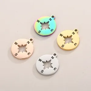 Stainless Steel Compass Charm Round Hollow Eight-Pointed Star N E S W Engraved Pendant For DIY Jewelry Making Accessories